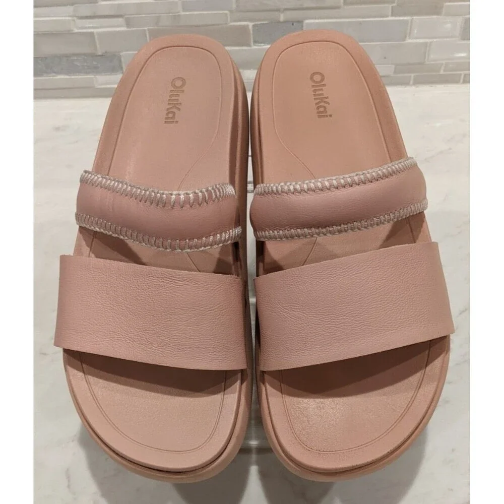 Women's OluKai PAE 2-Strap Leather Platform Sandals in Soft Pink Size 9 - Picture 2 of 13